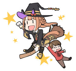 Rule 34 | 1boy, 1girl, arm up, belt, bow, braid, broom, brown hair, chibi, clenched hand, commentary request, flying, gloves, hat, hat bow, highres, hood, hoodie, horse girl, horse tail, ikezoe ken&#039;ichi, long hair, necktie, red bow, red hoodie, robe, short hair, sidelocks, star (symbol), starry background, sweat, sweep tosho (umamusume), tail, tanbe (nabeya), twintails, umamusume, white background, white gloves, witch hat, | |