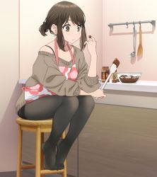 Rule 34 | 1girl, apron, bra strap, brown eyes, brown hair, closed mouth, douki-chan (douki-chan), feet, full body, ganbare douki-chan, highres, indoors, no shoes, off-shoulder sweater, off shoulder, pantyhose, short hair, sidelocks, sitting, stitched, sweater, thighband pantyhose, third-party edit