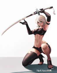 Rule 34 | 1girl, android, armpits, black gloves, blue eyes, breasts, elbow gloves, gloves, high heels, highres, joints, kneeling, lips, looking at viewer, midriff, mole, mole under mouth, navel, newash, nier:automata, nier (series), on one knee, robot joints, sandals, shoes, short shorts, shorts, silver hair, single thighhigh, solo, sports bra, sword, thighhighs, toeless footwear, toes, weapon, a2 (nier:automata)