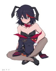 Rule 34 | 1girl, alternate costume, animal ears, arm at side, arm support, bare arms, bare shoulders, black footwear, black hair, black high heels, black leotard, blue eyes, blush, bow, bowtie, breasts, brown pantyhose, cleavage, closed mouth, collarbone, dated, detached collar, dot nose, embarrassed, eyebrows hidden by hair, eyes visible through hair, fake animal ears, female focus, full body, grey eyes, hair between eyes, high heels, highres, indian style, kill la kill, leotard, living clothes, looking at viewer, matoi ryuuko, medium breasts, multicolored hair, pantyhose, playboy bunny, rabbit ears, red bow, red bowtie, red hair, sad, school uniform, senketsu, serafuku, serious, short hair, shy, simple background, sitting, small breasts, strapless, strapless leotard, streaked hair, sweat, takatisakana, two-tone hair, white background, wrist cuffs