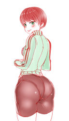 Rule 34 | 1girl, ass, atlus, bike shorts, blush, breasts, brown hair, from behind, green eyes, huge ass, jacket, looking at viewer, looking back, megami tensei, panties, panties under bike shorts, pantylines, persona, persona 4, satonaka chie, shin megami tensei, short hair, sideboob, simple background, smile, solo, the golden smurf, thighs, track jacket, underwear, white background