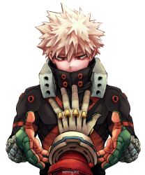 Rule 34 | 2boys, absurdres, artist name, bags under eyes, bakugou katsuki, blonde hair, boku no hero academia, commentary, gloves, green gloves, grey gloves, hair between eyes, halftone, hand on another&#039;s chest, hand up, hands up, high collar, highres, looking at hand, looking down, male focus, midoriya izuku, multiple boys, narrowed eyes, orange gloves, out of frame, outstretched arm, outstretched hand, pov, reaching towards another, red eyes, short hair, simple background, single horizontal stripe, solo focus, spiked hair, straight-on, symbol-only commentary, toned, toned male, two-tone gloves, upper body, white background, wrist guards, x, yenny (yennyinc)