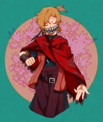 Rule 34 | 1boy, bandaged arm, bandages, belt, black mask, brown belt, closed mouth, commentary request, employee (project moon), hakama, highres, japanese clothes, light brown hair, lobotomy corporation, male focus, mask, mouth mask, project moon, red hakama, red shawl, shawl, short sleeves, solo, tesna