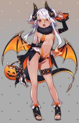 Rule 34 | 1girl, bare shoulders, bow, copyright request, detached sleeves, fangs, full body, fur, groin, hair between eyes, hair bow, hand up, highres, holding, horns, long hair, looking at viewer, midriff, navel, open mouth, pointy ears, pumpkin, revealing clothes, shibainu, sidelocks, solo, standing, tail, thigh strap, thighs, two side up, wings