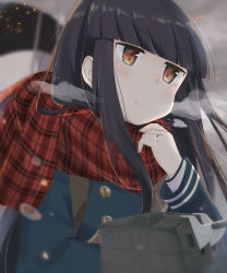 Rule 34 | 1girl, aoshima sakana, black hair, blue coat, blush, brown eyes, coat, commentary request, hatsuyuki (kancolle), highres, hime cut, jewelry, kantai collection, long hair, long sleeves, machinery, plaid, plaid scarf, red scarf, ring, scarf, serious, solo, turret, v-shaped eyebrows, wedding band