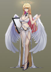 Rule 34 | 1girl, absurdres, angel, angel wings, blonde hair, blue eyes, breasts, cleavage, clipboard, full body, halo, high heels, highres, large breasts, long hair, looking at viewer, multicolored hair, na2cl, nail polish, original, simple background, smile, solo, two-tone hair, wings