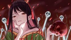 Rule 34 | 1girl, absurdres, black hair, collarbone, fire, green shirt, hair ornament, hand on own chin, highres, horns, long hair, looking at viewer, nippaku zanmu, oni, oni horns, red eyes, shirt, skull, solo, straight hair, torinari (dtvisu), touhou, unfinished dream of all living ghost, yellow horns