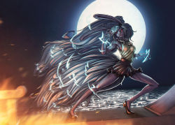 Rule 34 | 1girl, alternate form, big hair, black footwear, black skirt, body fur, breasts, carrot (one piece), commentary, daniel vivas, electricity, fighting stance, full body, full moon, furry, furry female, highres, huge filesize, long hair, monster girl, moon, one piece, rabbit girl, rabbit tail, skirt, sleeveless, snout, solo, spoilers, sulong form, tail, very long hair