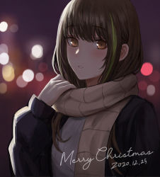 Rule 34 | 1girl, bad id, bad pixiv id, blue jacket, blush, brown eyes, brown hair, brown scarf, christmas, dated, english text, girls&#039; frontline, holding, holding clothes, holding scarf, jacket, long hair, looking at viewer, m4a1 (girls&#039; frontline), merry christmas, multicolored hair, scarf, selcky, solo