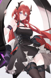 Rule 34 | 1girl, absurdres, arknights, armband, black dress, black thighhighs, breasts, cleavage, demon girl, dot nose, dress, frown, highres, infection monitor (arknights), large breasts, long hair, looking at viewer, purple eyes, raitho, red hair, simple background, solo, surtr (arknights), thighhighs, torn clothes, very long hair, white background