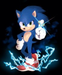 Rule 34 | 1boy, blue fur, blue spine, commentary, electricity, english commentary, full body, gloves, green eyes, hand on own hip, hedgehog, highres, index finger raised, jewelry, kohane01, male focus, red footwear, redesign, ring, ring (sonic), shoes, smirk, sneakers, snout, solo, sonic (live action), sonic (series), sonic the hedgehog, sonic the hedgehog (film), sparkle, white gloves