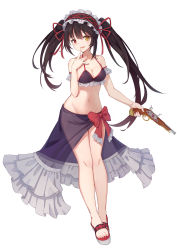 Rule 34 | 1girl, absurdres, bikini, black hair, breasts, cleavage, clock eyes, commentary request, date a live, frilled bikini, frills, full body, gun, hairband, heterochromia, highres, holding, holding gun, holding weapon, lolita hairband, long hair, looking at viewer, medium breasts, navel, open mouth, red eyes, sandals, sarong, see-through, simple background, smile, solo, standing, swimsuit, symbol-shaped pupils, tokisaki kurumi, twintails, uneven twintails, very long hair, weapon, white background, yansuiyuluo, yellow eyes