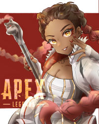 Rule 34 | 1girl, absurdres, animification, apex legends, braid, breasts, brown eyes, cleavage, collarbone, copyright name, corset, dark-skinned female, dark skin, fingerless gloves, floating hair, forehead, gloves, grey skirt, highres, holding, holding staff, loba (apex legends), logo, medium breasts, nepitasu, red hair, skirt, smile, solo, staff, twin braids, white gloves