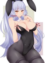 Rule 34 | 10s, 1girl, animal ears, bare shoulders, black pantyhose, blunt bangs, blush, breasts, cleavage, covered navel, cowboy shot, curvy, detached collar, fake animal ears, finger to mouth, hair ornament, hair ribbon, highres, kantai collection, large breasts, leotard, light purple hair, long hair, looking at viewer, md5 mismatch, murakumo (kancolle), nippleless clothes, nipples, orange eyes, outside border, pantyhose, playboy bunny, rabbit ears, red ribbon, resolution mismatch, ribbon, skindentation, solo, source smaller, suiren (mystia6b), thighs, tress ribbon, wide hips