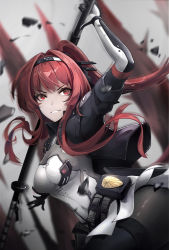 Rule 34 | 1girl, absurdres, breasts, hair tie, highres, holding, holding weapon, long hair, looking at another, mcoco7, medium breasts, punishing: gray raven, red eyes, red hair, smile, thighs, vera: garnet (punishing: gray raven), vera (punishing: gray raven), weapon