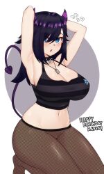 Rule 34 | 1girl, absurdres, blue eyes, breasts, brown pantyhose, cleavage, demon girl, demon horns, demon tail, eyebrow piercing, fishnet pantyhose, fishnets, happy birthday, highres, horns, indie virtual youtuber, large breasts, long hair, moursho, navel, nose piercing, pantyhose, piercing, purple hair, raven lenore, solo, tail, virtual youtuber