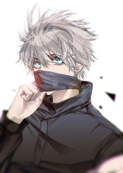 Rule 34 | 1boy, absurdres, black jacket, blindfold, blindfold down, blue eyes, covered mouth, gojou satoru, hair between eyes, hand up, highres, ikag, jacket, jujutsu kaisen, long sleeves, looking away, male focus, short hair, silver hair, simple background, solo, upper body, white background