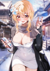 Rule 34 | 1girl, artist name, black coat, blonde hair, blurry, blurry background, breasts, brown scarf, cleavage, coat, covered navel, dress, fingernails, flower, furina (genshin impact), genshin impact, hair between eyes, highres, large breasts, lumine (genshin impact), medium hair, nail polish, open mouth, outdoors, red nails, scarf, smile, snow, solo, squchan, thighs, white dress, white flower, yellow eyes