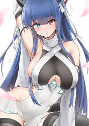 Rule 34 | 1girl, absurdres, arm belt, artist request, azur lane, bare shoulders, black thighhighs, blue hair, blush, breasts, choker, clothing cutout, covered navel, detached sleeves, dress, glowing, glowing eyes, hand up, heterochromia, highres, horns, ibuki (azur lane), lace, lace choker, large breasts, long hair, looking at viewer, no panties, petals, short dress, sideless outfit, simple background, solo, thighhighs, underboob cutout, very long hair, white dress, white sleeves, wide sleeves