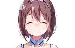 Rule 34 | 1girl, bow, brown hair, close-up, closed eyes, closed mouth, collar, collarbone, cygames, dripping, hair bow, highres, ibuki nagisa, idoly pride, official art, pink bow, portrait, short hair, smile, strap, sweat, tears, transparent background