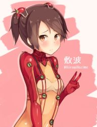 Rule 34 | 1girl, :/, alternate costume, bad id, bad pixiv id, black hair, blush, bodysuit, breasts, brown eyes, brown hair, character name, cosplay, embarrassed, evangelion: 2.0 you can (not) advance, from side, gloves, hair ornament, hairpods, interface headset, kantai collection, looking at viewer, multicolored clothes, name connection, neon genesis evangelion, orange eyes, parted bangs, pilot suit, pink background, plugsuit, ponytail, raised eyebrows, rebuild of evangelion, see-through, see-through bodysuit, shikinami (kancolle), short hair, short ponytail, shuuichi, simple background, small breasts, solo, souryuu asuka langley (cosplay), swept bangs, test plugsuit, turtleneck, twitter username, upper body, v