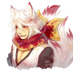 Rule 34 | 1boy, alternate color, alternate costume, alternate eye color, alternate hair color, animal ears, artist name, facial mark, fire emblem, fire emblem fates, fox ears, fox tail, hasuyawn, kaden (fire emblem), male focus, nintendo, open mouth, portrait, red eyes, scarf, simple background, solo, tail, teeth, white background, white hair