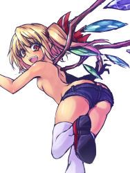 Rule 34 | 1girl, :d, alternate costume, ass, bad id, bad nicoseiga id, blonde hair, blush, breasts, denim, denim shorts, fang, flandre scarlet, hair ribbon, long hair, looking at viewer, looking back, open mouth, oukawa yuu, red eyes, ribbon, shoes, short shorts, shorts, side ponytail, simple background, sketch, small breasts, smile, solo, thighhighs, topless, touhou, white background, white thighhighs, wings
