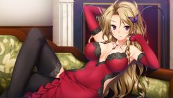 Rule 34 | 1girl, ahoge, arms up, black thighhighs, breasts, brown hair, butterfly hair ornament, couch, covered erect nipples, dress, elbow gloves, game cg, gloves, hair ornament, jewelry, kagurazaka reika, kisaragi myau, large breasts, long hair, mole, mole under eye, necklace, purple eyes, red dress, red gloves, reika no yakata ~saimin yuugi e no shoutaijou~, solo, thighhighs