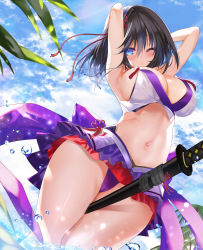 Rule 34 | 1girl, absurdres, armpits, arms up, back bow, between thighs, bikini, bikini skirt, black hair, bow, breasts, cloud, coconut tree, commission, day, foot out of frame, hair ribbon, highres, katana, kumatora tatsumi, large bow, large breasts, midriff, navel, one eye closed, original, outdoors, palm tree, purple bikini, purple bow, ribbon, short hair, skeb commission, sky, smile, solo, swimsuit, sword, thighs, tree, wading, weapon