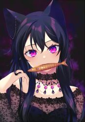 Rule 34 | 1girl, achiki, animal ears, bad id, bad twitter id, black background, black dress, black hair, brooch, cat ears, cat girl, choker, dress, earrings, fish, hand up, jewelry, long hair, looking at viewer, mouth hold, original, purple eyes, purple theme, see-through, slit pupils, solo, upper body