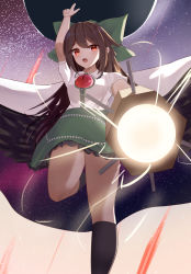 Rule 34 | 1girl, absurdres, aiming, aiming at viewer, arm cannon, bird wings, black socks, black wings, blush, bow, breasts, brown hair, buttons, cape, closed eyes, collared shirt, commentary request, control rod, dorachan, foot out of frame, frilled shirt collar, frilled skirt, frills, green bow, green skirt, hair bow, highres, kneehighs, long hair, medium breasts, open mouth, pointing, pointing up, red eyes, reiuji utsuho, shirt, short sleeves, skirt, socks, solo, starry sky print, third eye, touhou, weapon, white cape, white shirt, wings