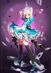 Rule 34 | 1girl, ace (playing card), ace of hearts, ace of spades, andante, artist name, black thighhighs, deviantart username, dress, full body, gradient hair, hair between eyes, heart, highres, maid, multicolored hair, original, pink hair, playing card, purple eyes, short hair, solo, spade (shape), thighhighs, tomboy, white hair