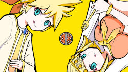 Rule 34 | blonde hair, bracelet, brother and sister, commentary request, cosmospice (vocaloid), fork, hair ornament, highres, holding, holding fork, jacket, jewelry, kagamine len, kagamine rin, licking lips, midriff, neckerchief, necktie, official art, open clothes, open jacket, original, pinocchio-p, siblings, simple background, tongue, tongue out, traditional clothes, turban, twins, veil, vocaloid, yellow background, yellow neckerchief, yellow necktie, yellow theme