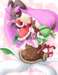 Rule 34 | 2girls, :3, alternate color, animal ears, animal nose, antlers, bag, bare shoulders, bell, black sclera, blush, body fur, border, bow, brown dress, brown fur, clothed pokemon, colored sclera, colored skin, creatures (company), dress, fake horns, fake tail, female focus, full body, fur trim, furry, furry female, game freak, gardevoir, gen 3 pokemon, gen 4 pokemon, gift, green bow, green hair, green skin, hair bell, hair ornament, hair over one eye, hairband, hand up, hands up, happy, highres, holding, horns, long sleeves, looking at viewer, lopunny, muguet, multicolored skin, multiple girls, nintendo, open mouth, pink background, pink eyes, pink fur, pokemon, pokemon (creature), rabbit ears, rabbit girl, rabbit tail, red bow, red dress, red eyes, red ribbon, reindeer antlers, ribbon, santa costume, shiny pokemon, short hair, simple background, smile, tail, two-tone fur, two-tone skin, white border, white skin, yellow bow