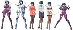 Rule 34 | 00s, 1girl, alternate costume, alternate hairstyle, bare shoulders, black thighhighs, blue hair, bodysuit, boots, bow, bowtie, bra, breasts, brown thighhighs, casual, character sheet, cleavage, collarbone, covered erect nipples, covered navel, elbow gloves, female focus, fingernails, fishnets, full body, game cg, garter belt, garter straps, gloves, green eyes, groin, hair between eyes, hands together, head tilt, highres, hip focus, holding, igawa asagi, kagami hirotaka, katana, knees together feet apart, lace, lace-trimmed legwear, lace trim, large breasts, legs, lilith-soft, lingerie, long hair, long image, long legs, long sleeves, looking at viewer, midriff, no shoes, panties, pantyshot, shiny clothes, shiny skin, shoes, simple background, skin tight, skirt, standing, sweater, sword, taimanin (series), taimanin asagi, taimanin asagi 3, thigh boots, thigh gap, thighhighs, thighs, turtleneck, underwear, upskirt, waitress, weapon, white background, wide image