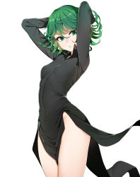 Rule 34 | 1girl, absurdres, arms up, bare legs, black dress, breasts, curly hair, dickbomber, dress, green eyes, green hair, hair between eyes, highres, korean commentary, long sleeves, one-punch man, pelvic curtain, short hair, simple background, small breasts, solo, tatsumaki, white background