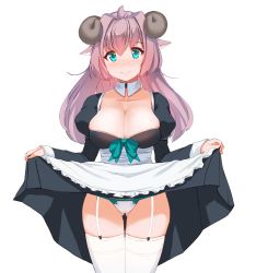 Rule 34 | 1girl, animal ears, anti (0324), apron, aqua eyes, bad id, bad twitter id, blush, breasts, cameltoe, cleavage, clothes lift, collarbone, detached collar, dress, dress lift, female focus, garter straps, horns, juliet sleeves, large breasts, long sleeves, panties, pink hair, puffy sleeves, sheep ears, sheep horns, simple background, smile, solo, thighhighs, underwear, waist apron, white background, white panties, white thighhighs