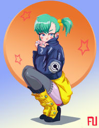 Rule 34 | 1girl, absurdres, asymmetrical bangs, blue eyes, boots, bulma, covered mouth, dragon ball, ear piercing, facial tattoo, fu (mogutan1977), fu (pixiv4287450), green hair, grey thighhighs, hair bobbles, hair ornament, highres, jacket, jewelry, leather, leather jacket, legs together, pantyhose, piercing, pink thighhighs, platform footwear, platform heels, ring, short hair, side ponytail, socks over thighhighs, solo, squatting, tattoo, thighhighs, thighhighs over pantyhose