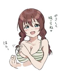 Rule 34 | 1girl, bikini, blue eyes, blush, breasts, brown hair, cleavage, collarbone, cropped torso, dot nose, emma verde, freckles, hair between eyes, heart, highres, large breasts, long hair, looking at viewer, love live!, love live! nijigasaki high school idol club, low twintails, open mouth, sketch, smile, solo, striped bikini, striped clothes, swimsuit, tata (tataice), translated, twintails, two-tone bikini, undressing, unfinished, white background