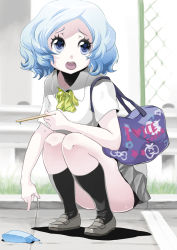 Rule 34 | 1girl, :o, bad id, bad pixiv id, bag, blue hair, food, gradient hair, heart, heart-shaped pupils, kneehighs, loafers, multicolored hair, open mouth, original, pleated skirt, pointing, popsicle, popsicle stick, school bag, school uniform, shoes, short hair, skirt, socks, solo, squatting, symbol-shaped pupils, towashibuki, white hair