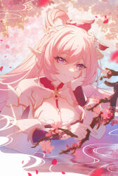 Rule 34 | 1girl, absurdres, blurry, branch, breasts, cherry blossoms, cleavage, cleavage cutout, clothing cutout, depth of field, diamond-shaped pupils, diamond (shape), dress, elf, elysia (herrscher of human:ego) (honkai impact), elysia (honkai impact), gradient background, highres, holding, holding branch, honkai (series), honkai impact 3rd, long hair, long sleeves, looking at viewer, medium breasts, official alternate costume, pink hair, pointy ears, puffy long sleeves, puffy sleeves, purple eyes, sidelocks, silence (pixiv18541142), smile, solo, symbol-shaped pupils