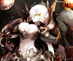 Rule 34 | 1girl, abyssal ship, black cape, bow (weapon), breasts, cape, colored skin, enemy aircraft (kancolle), european armored aircraft carrier princess, glowing, glowing eye, hi ye, holding, holding bow (weapon), holding weapon, kantai collection, large breasts, long hair, orange eyes, solo, weapon, white hair, white skin