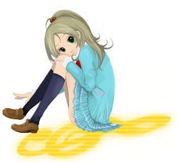 Rule 34 | 10s, 1girl, bad id, bad pixiv id, blue shirt, blue skirt, blush, brown hair, eyelashes, green eyes, hair ornament, half updo, hand on own knee, knees to chest, layered skirt, loafers, long hair, looking at viewer, minamino kanade, musical note, ponytail, precure, school uniform, shirt, shoes, sitting, skirt, solo, suite precure, thighhighs, treble clef