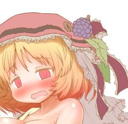 Rule 34 | 1girl, aki minoriko, arinu, bare shoulders, blonde hair, blush, breasts, commentary, d:, food, food on head, fruit, fruit on head, grapes, hat, hat ribbon, lowres, mob cap, object on head, off shoulder, official art, open mouth, out-of-frame censoring, red eyes, ribbon, short hair, solo, touhou, undressing, veil, wavy mouth