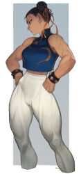 Rule 34 | 1girl, black hair, bracelet, cameltoe, capcom, chun-li, clenched hands, collar, double bun, earrings, hair bun, hands on own hips, high-waist pants, highres, hip bones, jewelry, linea alba, looking to the side, midriff, morry, muscular, muscular female, pants, signature, sleeveless, solo, spiked bracelet, spikes, street fighter, thick thighs, thighs, toned, white pants, yoga pants