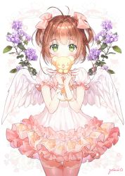 Rule 34 | 1girl, angel wings, antenna hair, artist name, blush, blush stickers, bow, brown hair, cardcaptor sakura, creature, dress, feathered wings, floral background, frilled sleeves, frills, gomzi, green eyes, hair bow, holding, kero (cardcaptor sakura), kinomoto sakura, layered dress, looking at viewer, magical girl, pink bow, pink thighhighs, puffy short sleeves, puffy sleeves, short hair, short sleeves, standing, tareme, thigh gap, thighhighs, two side up, white dress, white wings, wings, wrist cuffs, zettai ryouiki