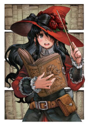 Rule 34 | 1girl, belt, belt buckle, belt pouch, black bow, black hair, book, bookshelf, border, bow, buckle, commentary, earrings, english commentary, flower, hair over one eye, hat, hat bow, hayuk0, highres, holding, holding book, holding wand, jewelry, long hair, open mouth, original, pouch, red flower, red rose, rose, sidelocks, smile, solo, teeth, upper body, upper teeth only, very long hair, wand, wavy hair, white border, witch, witch hat