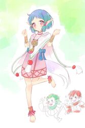 Rule 34 | 1girl, 2boys, = =, adol christin, arms up, barefoot, blue bow, blue hair, blush, bow, cheering, cloak, commentary request, george man, green background, green hair, highres, jewelry, multiple boys, necklace, olha (ys), ord (ys), pointy ears, red eyes, red hair, sparkle, standing, standing on one leg, tassel, white cloak, ys, ys vi ark of napishtim