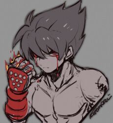 Rule 34 | 1boy, blood, bloody tears, clenched hand, closed mouth, collarbone, fire, frown, grey background, kazama jin, kotorai, looking at viewer, male focus, muted color, pectorals, pyrokinesis, red eyes, shoulder tattoo, signature, solo, tattoo, tekken, topless male