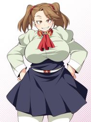 Rule 34 | 10s, 1girl, belt, belt buckle, breasts, brown eyes, brown hair, buckle, grin, gundam, gundam build fighters, gundam build fighters try, hands on own hips, high-waist skirt, huge breasts, looking at viewer, open mouth, pantyhose, plump, sazaki kaoruko, skirt, smile, solo, thick thighs, thighs, twintails, uccow, wide hips